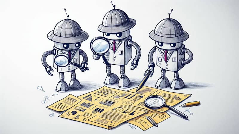 Três robôs em estilo de desenho animado examinando folhas de papel espalhadas pelo chão. Nas folhas há texto e gráficos. Dois robôs seguram uma lupa, e o terceiro segura um lápis.