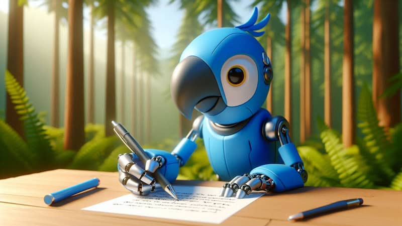 Um robô azul em forma de papagaio sentado a uma mesa em uma floresta tropical. O robô está escrevendo em um papel com uma caneta. Há outras canetas na mesa. O fundo mostra árvores da floresta e samambaias. A cena tem uma iluminação suave e um estilo de animação 3D.