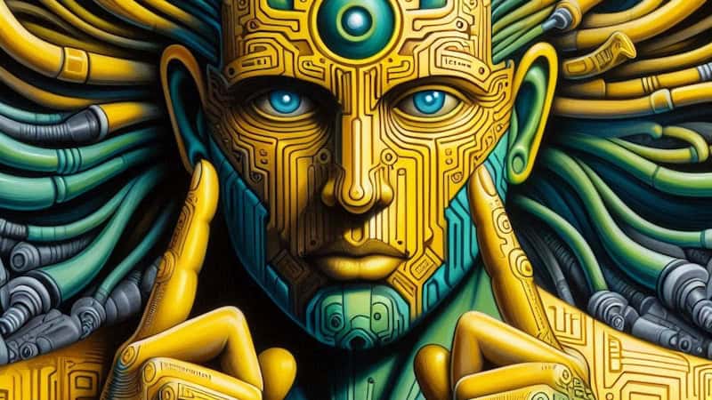 Rosto de um robô futurista, em verde e amarelo, com detalhes de circuitos e cabelos formados por cabos das mesmas cores. Ele usa as mãos para apontar para os próprios olhos.