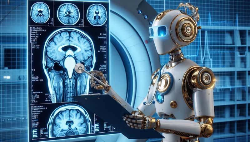 Robô humanóide branco e dourado analisando imagens de ressonância magnética do cérebro exibidas em uma tela grande. O robô está usando um estetoscópio e segurando um tablet, indicando sua função médica. As imagens cerebrais são mostradas em tons de azul, com várias seções do cérebro visíveis. O cenário tem um aspecto futurista, com luzes azuis e gráficos digitais ao fundo, sugerindo um ambiente médico de alta tecnologia.
