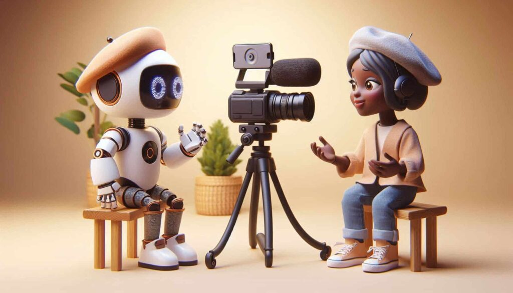 Uma imagem 3D mostra uma cena de gravação de vídeo com personagens estilizados. À esquerda, um robô branco com olhos azuis luminosos e uma boina laranja está sentado em um banquinho de madeira. No centro, há uma câmera de vídeo profissional montada em um tripé. À direita, uma garota de pele escura, usando uma boina cinza, fones de ouvido e roupas casuais, está sentada em outro banquinho de madeira, gesticulando para a câmera como se estivesse falando. Entre eles, há uma pequena planta em um vaso. O fundo é de cor bege suave, dando um aspecto aconchegante à cena.