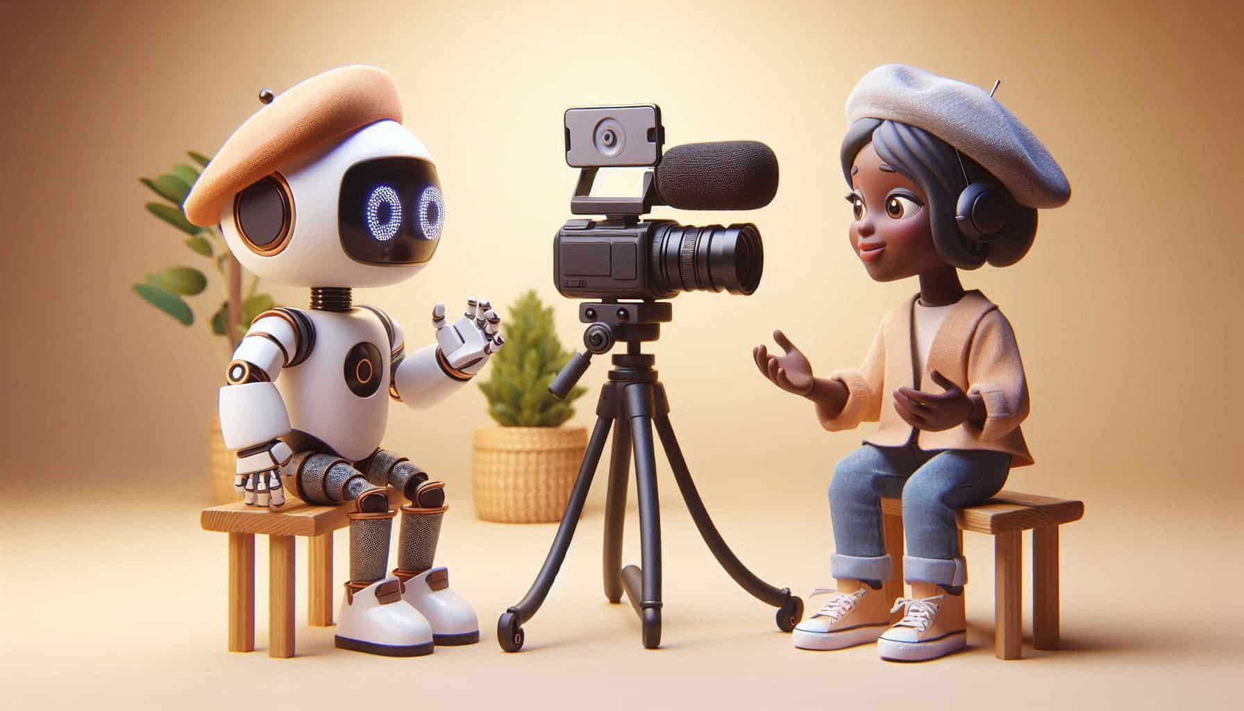 Uma imagem 3D mostra uma cena de gravação de vídeo com personagens estilizados. À esquerda, um robô branco com olhos azuis luminosos e uma boina laranja está sentado em um banquinho de madeira. No centro, há uma câmera de vídeo profissional montada em um tripé. À direita, uma garota de pele escura, usando uma boina cinza, fones de ouvido e roupas casuais, está sentada em outro banquinho de madeira, gesticulando para a câmera como se estivesse falando. Entre eles, há uma pequena planta em um vaso. O fundo é de cor bege suave, dando um aspecto aconchegante à cena.
