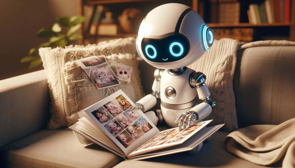 Um robô branco e azul com olhos luminosos está sentado em um sofá bege, folheando um álbum de fotos. O ambiente é aconchegante, com uma manta de tricô e uma estante de livros ao fundo.
