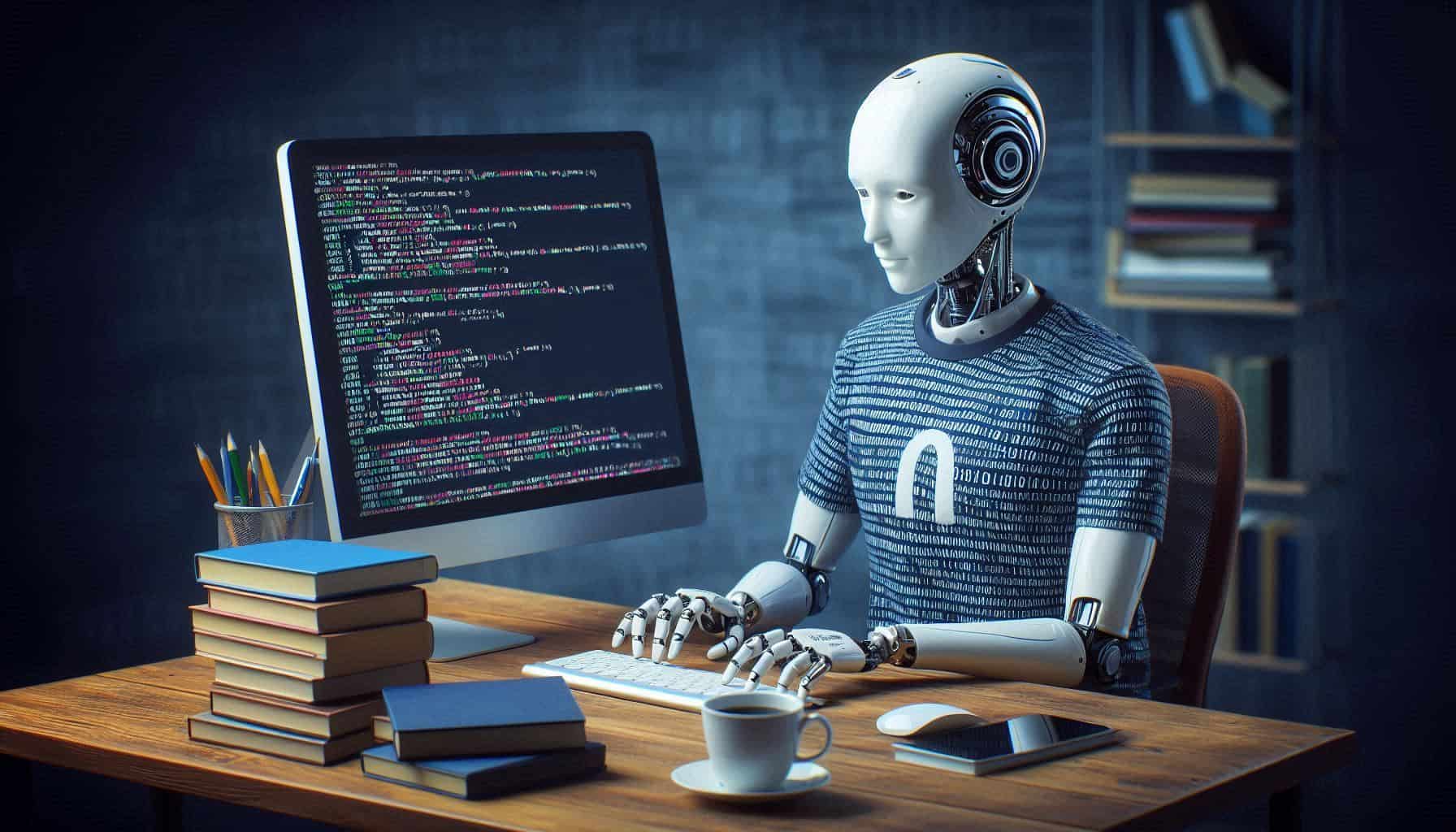 Um robô humanóide sentado em uma mesa de escritório, trabalhando em um computador. O robô tem uma cabeça branca e um corpo coberto por uma 'camiseta' com padrão de código binário. Na mesa há um monitor exibindo linhas de código, vários livros empilhados, uma xícara de café, um celular, um teclado e um mouse. Ao fundo, vê-se uma parede escura com equações matemáticas escritas e uma estante com livros. A cena retrata um ambiente de trabalho futurístico onde inteligência artificial realiza tarefas de programação.