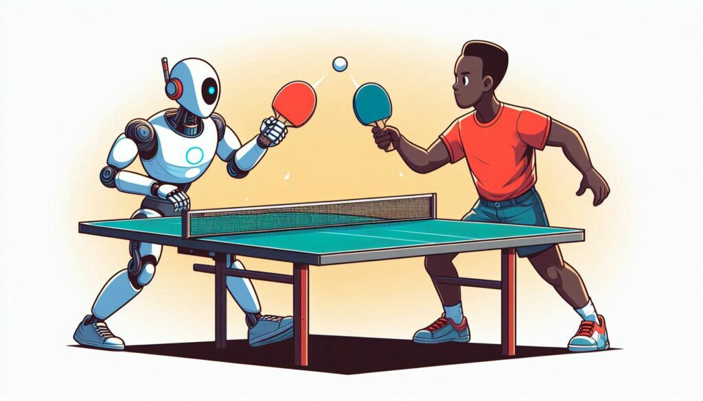 Uma ilustração em desenho animado de um robô humanóide jogando tênis de mesa contra um jogador humano. O robô é branco e azul com um único olho, segurando uma raquete vermelha. O humano é um homem negro vestindo uma camiseta vermelha e shorts azuis, segurando uma raquete verde-azulada. Eles estão posicionados em lados opostos de uma mesa de tênis de mesa verde com uma rede branca. Uma pequena bola branca é mostrada no ar entre eles. O fundo é de uma cor amarela quente.