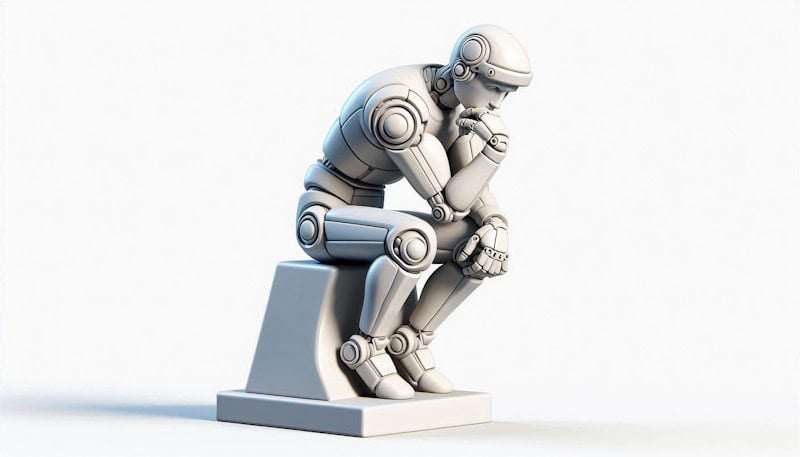 Escultura de um robô humanóide sentado em uma posição pensativa, reminiscente da famosa estátua 'O Pensador' de Rodin. O robô é branco com detalhes em azul claro, tem um design futurista com juntas visíveis e está sentado sobre um pedestal retangular. A pose do robô sugere contemplação ou reflexão profunda, com a cabeça apoiada em uma mão.