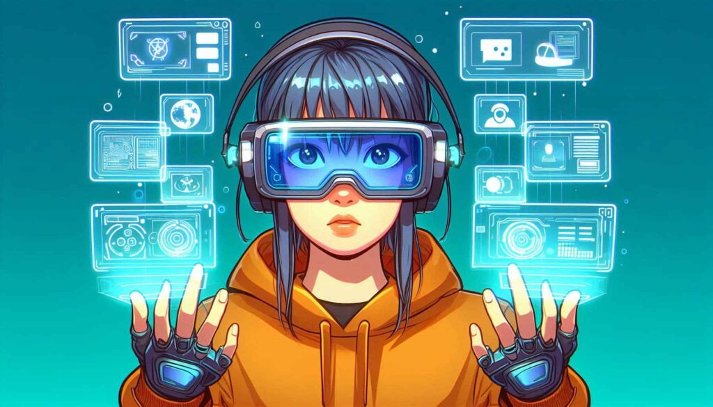 Uma jovem usando um dispositivo de realidade aumentada. Ela veste um moletom laranja e usa óculos AR e fones de ouvido. À sua frente, várias interfaces holográficas flutuam no ar, exibindo diferentes ícones e informações. As mãos da jovem estão levantadas, usando luvas de interface digital. O fundo é azul-esverdeado, criando uma atmosfera futurista e tecnológica.
