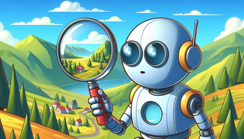 Um robô cartoon amigável segurando uma lupa em uma paisagem rural montanhosa. Através da lupa, vê-se um vale pitoresco com uma pequena casa. O robô tem grandes olhos expressivos, antena e detalhes em amarelo. A cena inclui montanhas verdes, um lago azul, campos dourados, pequenas casas e árvores sob um céu azul com nuvens brancas.