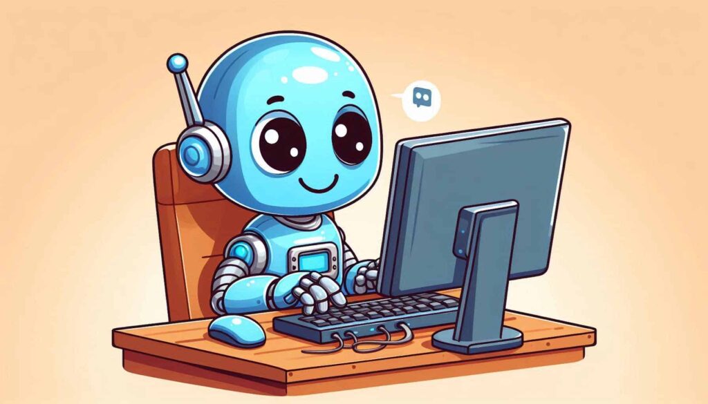 Robô amigável sentado em uma mesa de trabalho. O robô é azul claro, tem olhos grandes e expressivos, e usa fones de ouvido. Ele está interagindo com um computador desktop, posicionado em frente a um monitor, teclado e mouse. O robô está sorrindo e há uma pequena bolha de diálogo em branco acima dele. O fundo da imagem é em tom pêssego suave. O estilo da arte é cartunesco e adorável.