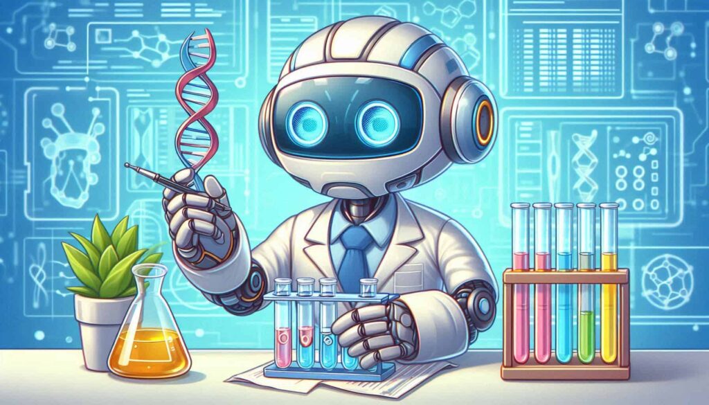 Robô cientista ou técnico amigável trabalhando em um ambiente de laboratório futurista. O robô tem uma grande cabeça em forma de cúpula com olhos LED expressivos e está usando um jaleco de laboratório branco. Ele segura um modelo de hélice de DNA em uma mão e um tubo de ensaio na outra, cercado por vários equipamentos de laboratório e instrumentos científicos. O fundo apresenta uma tela futurista com estruturas moleculares e outros elementos digitais, criando uma impressão geral de pesquisa científica avançada e progresso tecnológico.