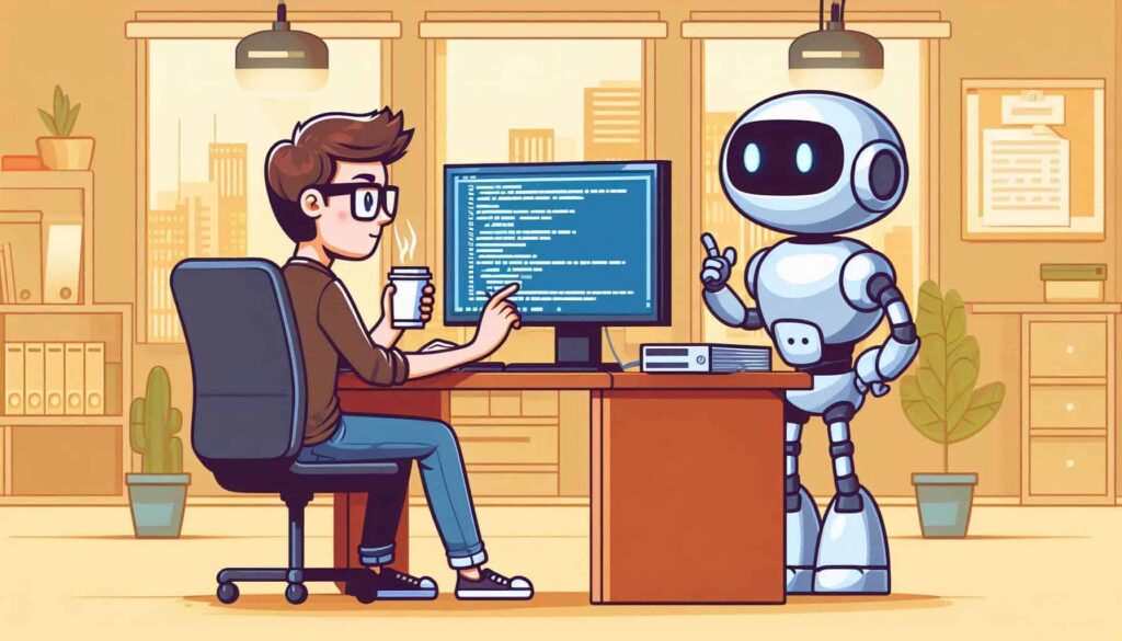 Ilustração em estilo cartoon de um desenvolvedor e um robô colaborando. O desenvolvedor está sentado em uma cadeira de escritório, usando óculos e segurando uma xícara de café, enquanto olha para um monitor com código na tela. Um robô amigável de cor branca e azul está ao lado da mesa, gesticulando como se estivesse explicando algo. O ambiente é um escritório acolhedor com tons quentes, decorado com plantas em vasos e iluminado por luminárias pendentes. Há estantes com livros e documentos ao fundo e uma janela mostrando prédios da cidade.