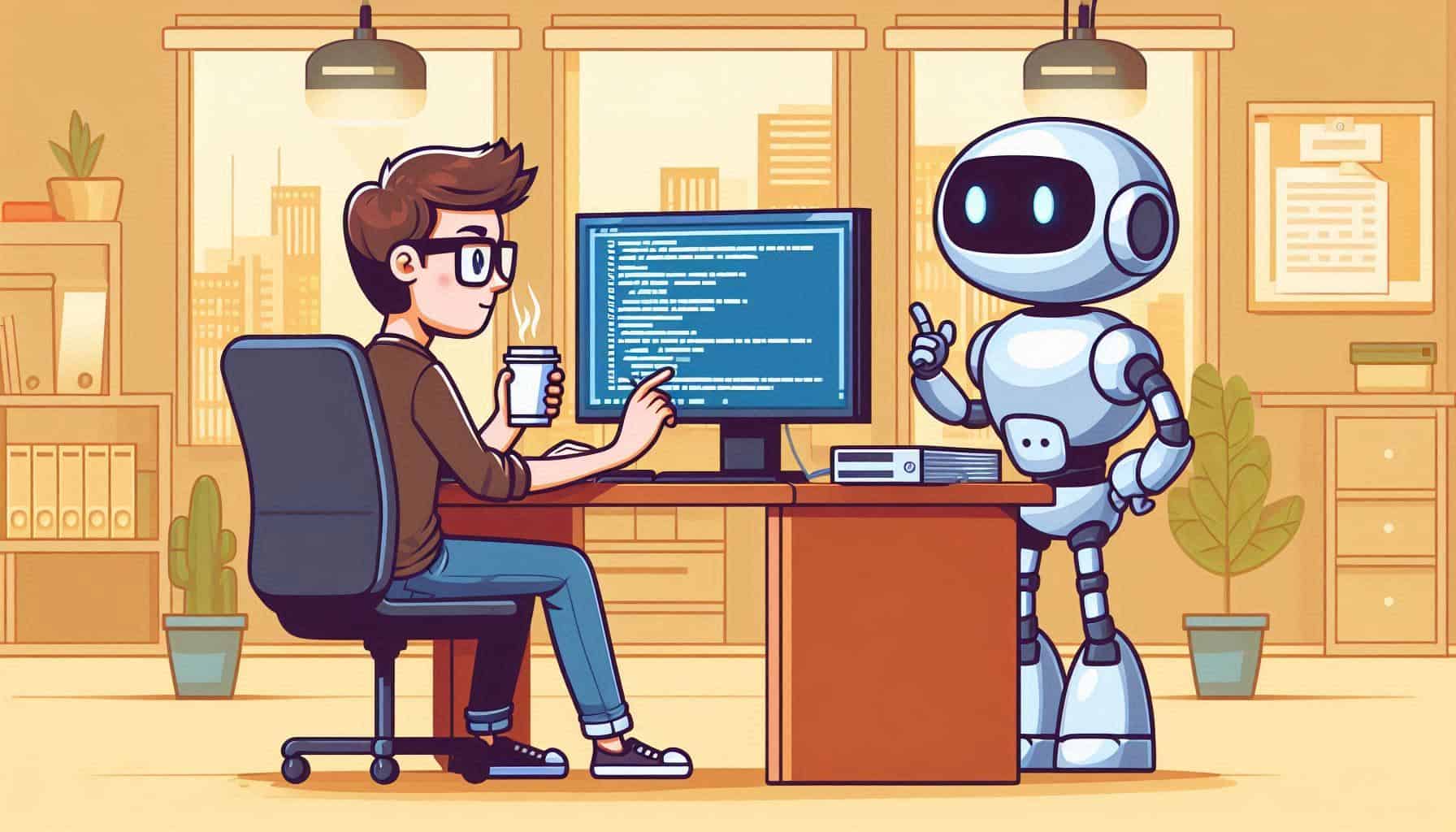 Ilustração em estilo cartoon de um desenvolvedor e um robô colaborando. O desenvolvedor está sentado em uma cadeira de escritório, usando óculos e segurando uma xícara de café, enquanto olha para um monitor com código na tela. Um robô amigável de cor branca e azul está ao lado da mesa, gesticulando como se estivesse explicando algo. O ambiente é um escritório acolhedor com tons quentes, decorado com plantas em vasos e iluminado por luminárias pendentes. Há estantes com livros e documentos ao fundo e uma janela mostrando prédios da cidade.