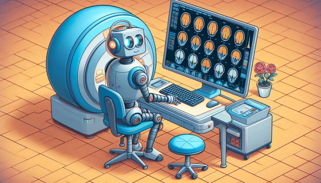 Ilustração digital em estilo cartoon de um robô sentado em uma cadeira de escritório em frente a uma estação de trabalho médica. O robô tem um design amigável e está posicionado ao lado de um equipamento que se assemelha a uma máquina de ressonância magnética. Na tela do computador são exibidas múltiplas imagens de varreduras cerebrais. Há um pequeno vaso com rosas vermelhas decorando a sala. O ambiente tem um piso em padrão geométrico em tons alaranjados, criando uma atmosfera acolhedora e tecnológica.