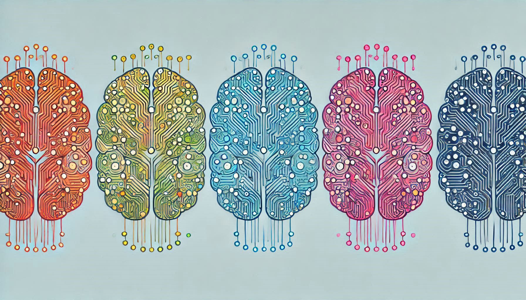 Cinco cérebros estilizados lado a lado, cada um representado como uma placa de circuito eletrônico em diferentes cores: laranja, amarelo-esverdeado, azul, rosa e azul-marinho. Cada cérebro tem um padrão de circuitos impresso semelhante ao encontrado em placas eletrônicas, com linhas conectadas e pontos que lembram componentes eletrônicos. O design combina a forma anatômica do cérebro humano com elementos visuais de tecnologia digital, criando uma metáfora visual da interface entre neurociência e computação. Os cérebros são apresentados em vista superior e são simétricos, com conexões que se estendem para baixo, semelhantes a fios ou terminais eletrônicos. O fundo é em um tom suave de cinza azulado.