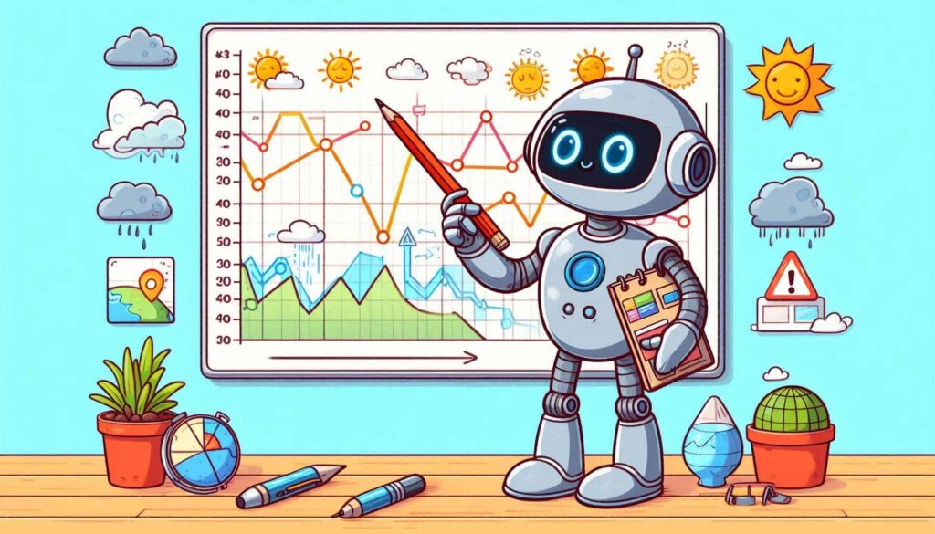 Robô simpático segurando um lápis e uma prancheta, explicando gráficos relacionados ao clima. No fundo, há um quadro branco com gráficos coloridos, incluindo linhas, barras e ícones climáticos, como sol, nuvens e chuva. Também estão presentes elementos decorativos, como plantas, um globo terrestre e ferramentas de escritório, como canetas. A cena sugere um ambiente educacional ou uma explicação sobre padrões climáticos.