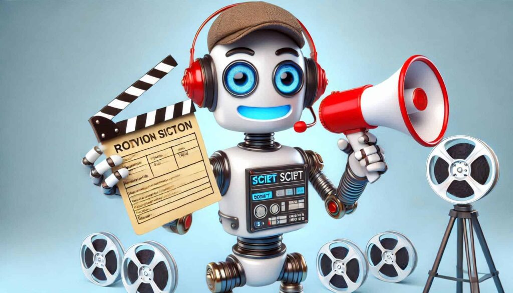 Robô animado com olhos grandes e expressivos, usando um boné e fones de ouvido vermelhos. O robô segura uma claquete de cinema em uma das mãos e um megafone na outra, com vários rolos de filme e outros equipamentos de cinema ao redor. A imagem sugere um tema relacionado à indústria cinematográfica e à tecnologia.