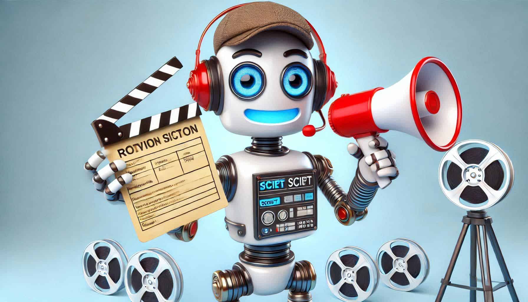 Robô animado com olhos grandes e expressivos, usando um boné e fones de ouvido vermelhos. O robô segura uma claquete de cinema em uma das mãos e um megafone na outra, com vários rolos de filme e outros equipamentos de cinema ao redor. A imagem sugere um tema relacionado à indústria cinematográfica e à tecnologia.