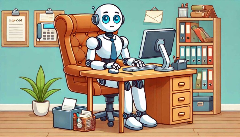 Robô em estilo cartoon sentado em uma mesa em um ambiente de escritório. O robô está usando uma gravata e parece estar trabalhando em um computador. Há vários itens de material de escritório e móveis de fundo, incluindo pranchetas, pastas de arquivo, estantes de livros e uma planta em vaso.