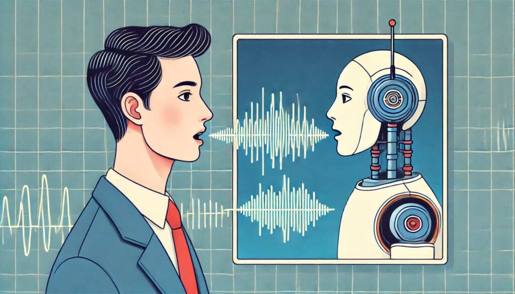 Ilustração em estilo retro mostrando a interação entre um homem e uma inteligência artificial. À esquerda, um homem de perfil usando terno azul e gravata vermelha fala em direção a uma tela. À direita, na tela de fundo azul, aparece o rosto de um robô branco com fones de ouvido azuis. Entre eles, ondas sonoras brancas são visualizadas, representando a comunicação entre humano e máquina. O fundo apresenta uma grade verde clara.