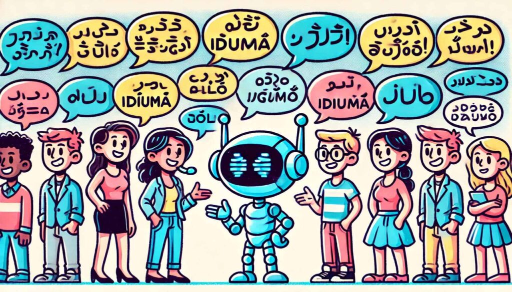 "Ilustração estilo cartoon mostrando um robô azul com antenas ao centro interagindo com oito pessoas diversas (diferentes gêneros e etnias) dispostas em uma fileira. Acima deles há balões de diálogo contendo textos em diferentes idiomas, sugerindo uma tradução ou comunicação multilíngue. O robô e as pessoas estão sorrindo e fazendo gestos de comunicação com as mãos. As cores predominantes são azul, rosa e amarelo, com um fundo claro."