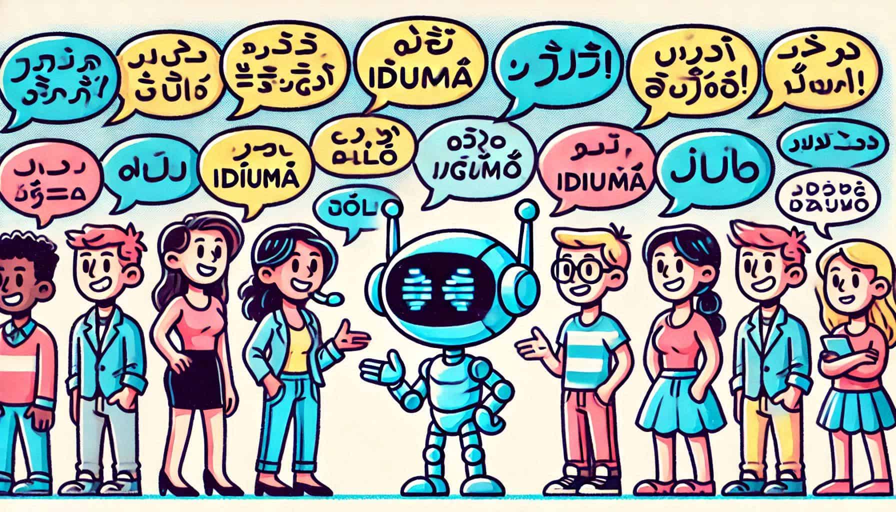 "Ilustração estilo cartoon mostrando um robô azul com antenas ao centro interagindo com oito pessoas diversas (diferentes gêneros e etnias) dispostas em uma fileira. Acima deles há balões de diálogo contendo textos em diferentes idiomas, sugerindo uma tradução ou comunicação multilíngue. O robô e as pessoas estão sorrindo e fazendo gestos de comunicação com as mãos. As cores predominantes são azul, rosa e amarelo, com um fundo claro."