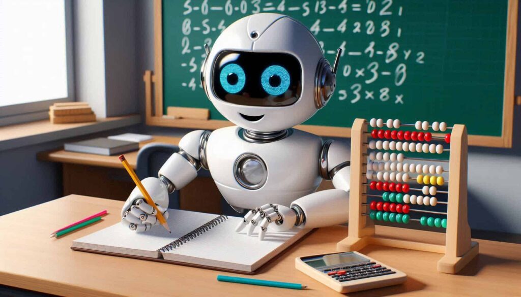 Robô branco com aparência amigável, sentado em uma mesa em uma sala de aula. O robô tem grandes olhos digitais azuis brilhantes e está segurando um lápis enquanto escreve em um caderno espiral. Atrás dele há um quadro-negro verde com equações matemáticas escritas. Na mesa há lápis coloridos, e à direita do robô há um ábaco e uma calculadora.