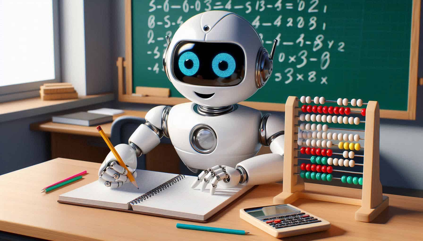 Robô branco com aparência amigável, sentado em uma mesa em uma sala de aula. O robô tem grandes olhos digitais azuis brilhantes e está segurando um lápis enquanto escreve em um caderno espiral. Atrás dele há um quadro-negro verde com equações matemáticas escritas. Na mesa há lápis coloridos, e à direita do robô há um ábaco e uma calculadora.