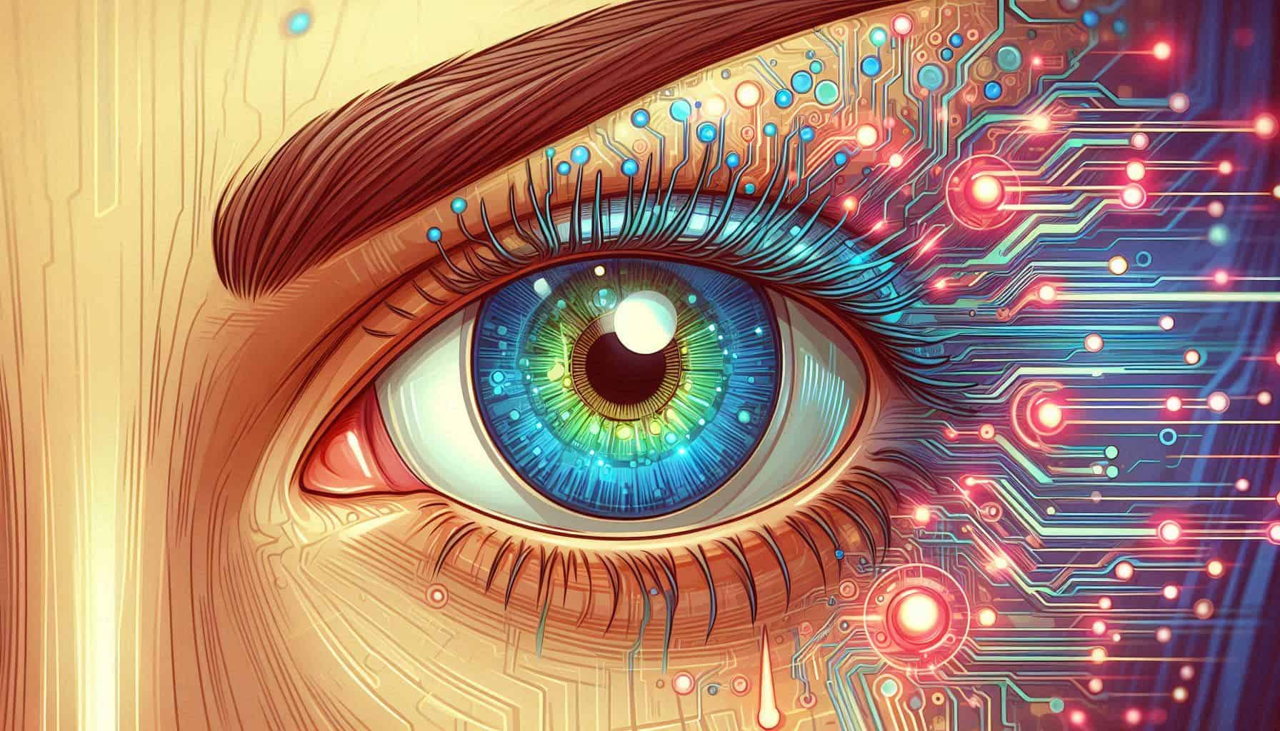 Ilustração artística de um olho humano em close-up mesclando elementos orgânicos e tecnológicos. O olho tem íris azul-esverdeada detalhada e cílios realistas à esquerda, que se transformam em circuitos eletrônicos com luzes azuis e vermelhas à direita. O lado esquerdo tem tons quentes e naturais, enquanto o direito apresenta padrões de circuitos digitais brilhantes em tons de azul e vermelho.
