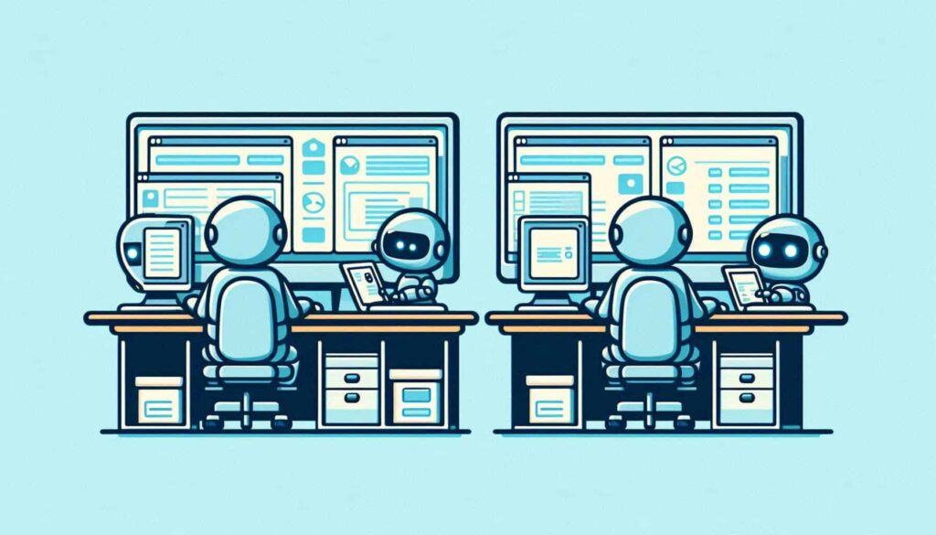 Ilustração em estilo cartoon mostrando duas estações de trabalho idênticas lado a lado. Em cada estação, há uma figura robótica sentada em uma cadeira de escritório diante de uma mesa com múltiplos monitores de computador. Ao lado de cada robô maior há um robô menor assistente. O desenho usa uma paleta de cores em tons de azul claro e branco, com detalhes em laranja nas mesas. O estilo é minimalista e limpo, sugerindo um ambiente de trabalho futurista ou relacionado à inteligência artificial.