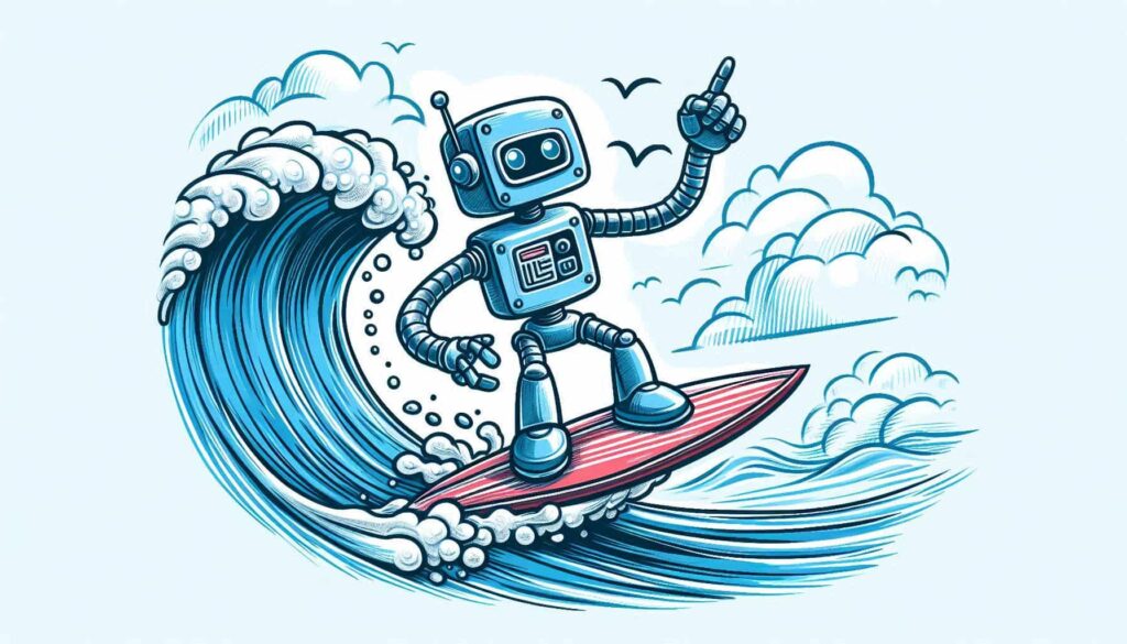 Robô surfando em uma prancha vermelha sobre uma grande onda azul. O robô é retratado em tons de azul metálico, com antena, braços e pernas articulados, e um rosto simples com dois olhos. No fundo, há nuvens brancas e pássaros voando no céu. O estilo da arte é cartunesco e dinâmico, com linhas expressivas e detalhes de espuma na onda.