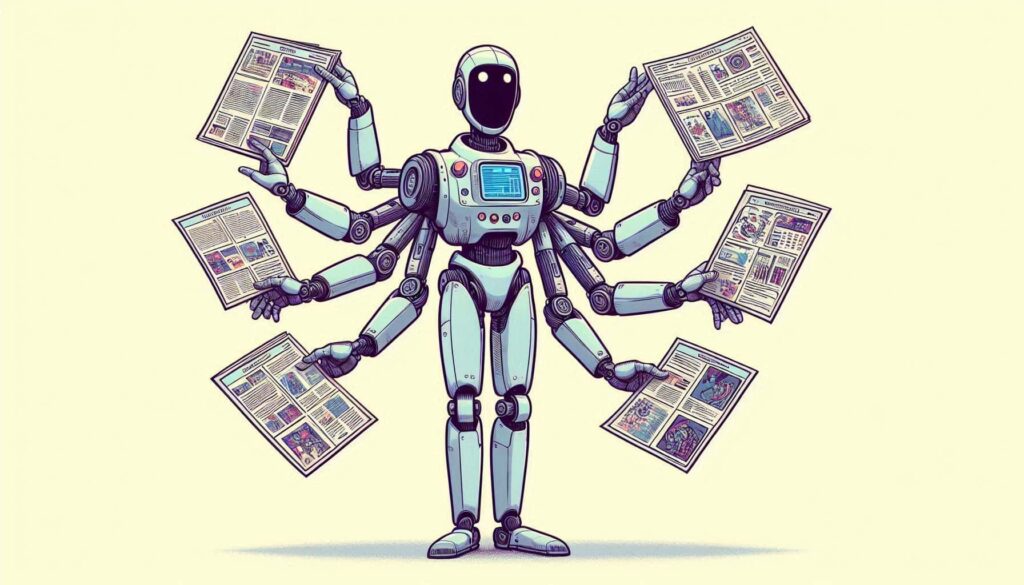 Um robô humanóide de cor azul clara com múltiplos braços, cada um segurando uma folha de jornal ou revista diferente. O robô está centralizado na imagem, com um pequeno monitor no peito e um rosto sem feições além de dois olhos circulares escuros. A ilustração representa o conceito de processamento simultâneo de múltiplas fontes de informação por inteligência artificial.