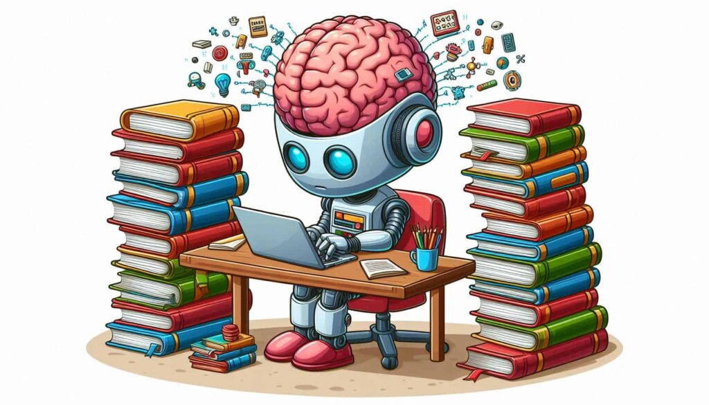 Robô em estilo cartoon sentado em uma mesa com um laptop. O robô tem uma cabeça que é um cérebro rosa exposto. Está cercado por duas pilhas altas de livros coloridos em ambos os lados da mesa. O cérebro do robô está emitindo vários ícones pequenos relacionados a conhecimento e informação. Na mesa, além do laptop, há um caderno aberto e um porta-lápis azul. O robô está usando sapatos vermelhos e sentado em uma cadeira vermelha, trabalhando em um ambiente que sugere aprendizado e processamento de informações.