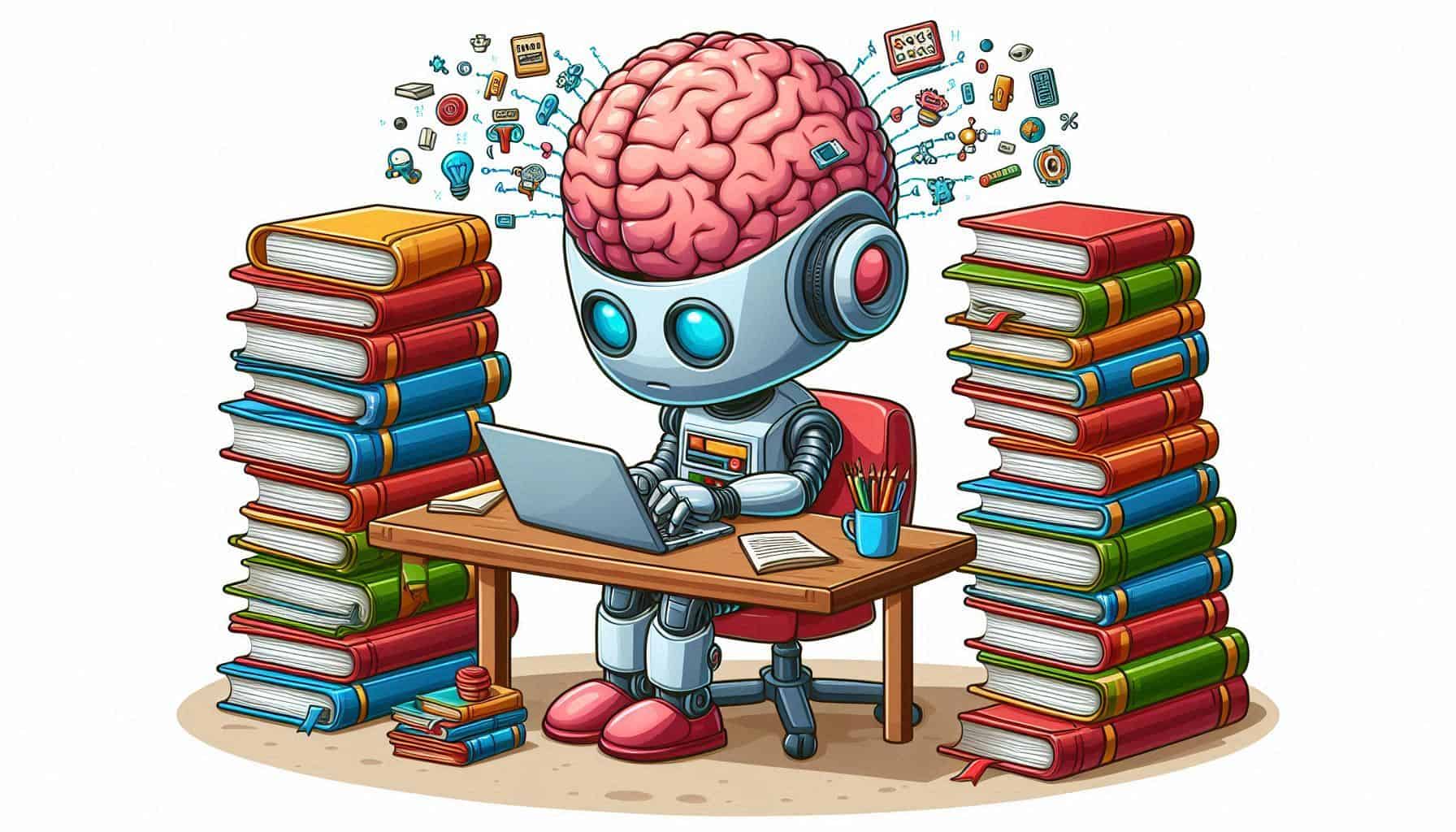 Robô em estilo cartoon sentado em uma mesa com um laptop. O robô tem uma cabeça que é um cérebro rosa exposto. Está cercado por duas pilhas altas de livros coloridos em ambos os lados da mesa. O cérebro do robô está emitindo vários ícones pequenos relacionados a conhecimento e informação. Na mesa, além do laptop, há um caderno aberto e um porta-lápis azul. O robô está usando sapatos vermelhos e sentado em uma cadeira vermelha, trabalhando em um ambiente que sugere aprendizado e processamento de informações.
