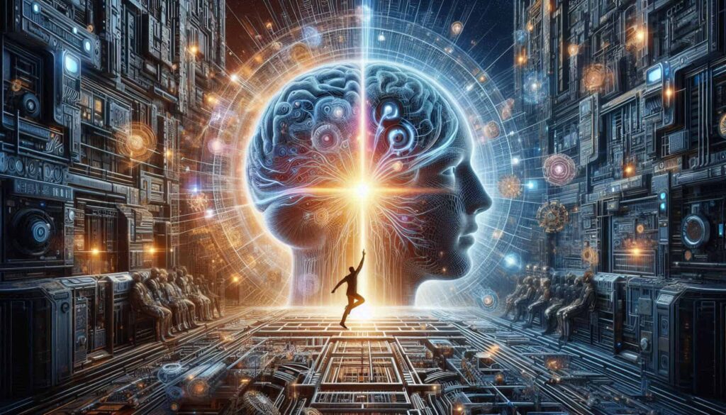 Arte digital surreal com o perfil de uma cabeça humana translúcida exibindo um cérebro luminoso formado por circuitos em tons de azul e laranja, enquanto uma pequena silhueta humana ergue um braço em direção à mente iluminada; o cenário é composto por um ambiente tecnológico complexo com placas de circuito e interfaces futurísticas, ladeado por fileiras de figuras sentadas como em um teatro, com raios de luz e partículas digitais irradiando da figura central, criando um efeito visual que sugere a fusão entre inteligência humana e tecnologia através de uma paleta de cores contrastantes de azul, laranja e dourado contra um fundo tecnológico escuro.