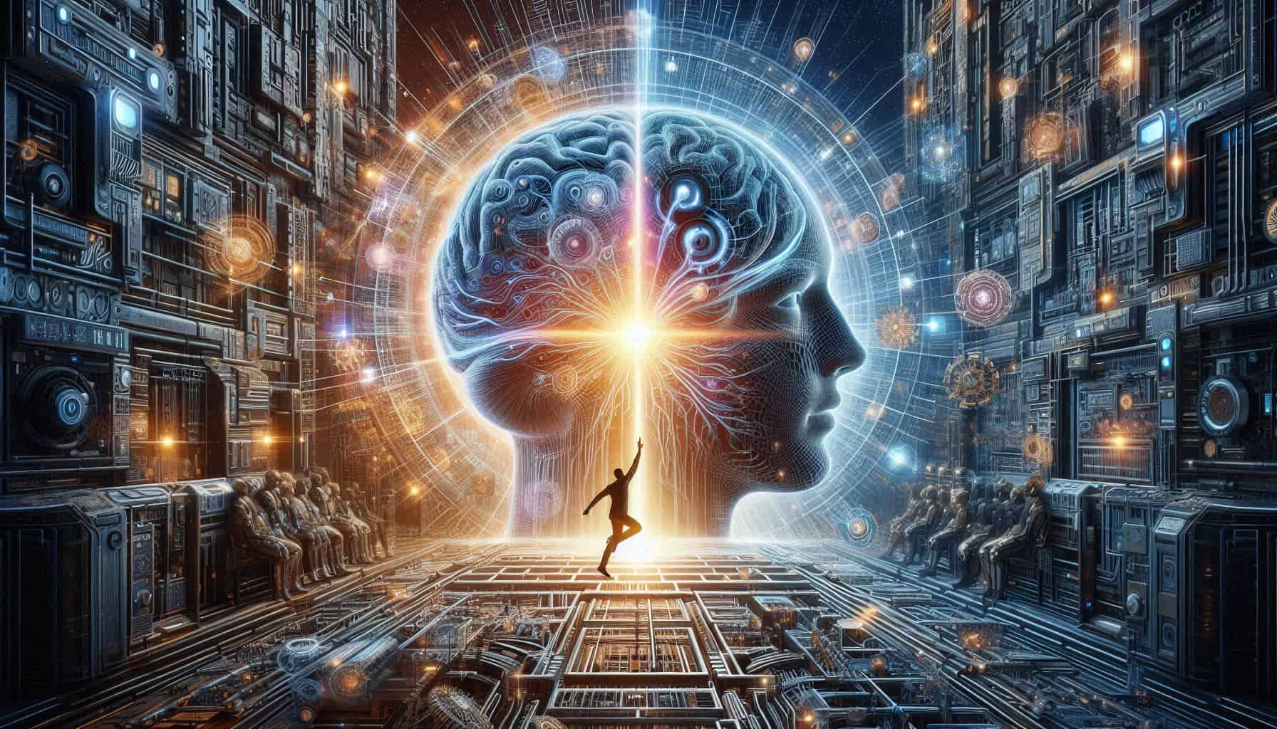 Arte digital surreal com o perfil de uma cabeça humana translúcida exibindo um cérebro luminoso formado por circuitos em tons de azul e laranja, enquanto uma pequena silhueta humana ergue um braço em direção à mente iluminada; o cenário é composto por um ambiente tecnológico complexo com placas de circuito e interfaces futurísticas, ladeado por fileiras de figuras sentadas como em um teatro, com raios de luz e partículas digitais irradiando da figura central, criando um efeito visual que sugere a fusão entre inteligência humana e tecnologia através de uma paleta de cores contrastantes de azul, laranja e dourado contra um fundo tecnológico escuro.