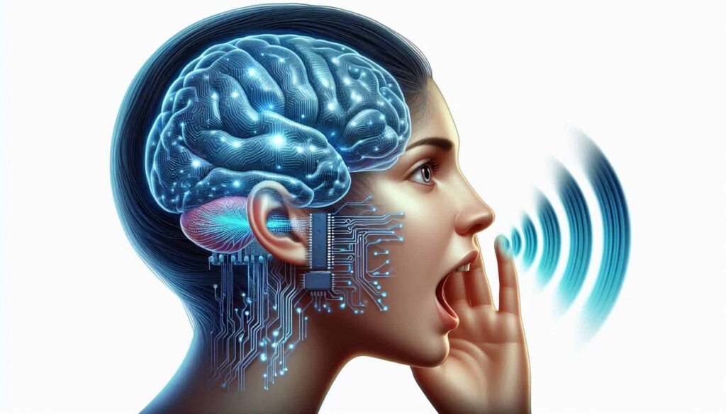 Perfil de uma pessoa falando, com uma representação visual de seu cérebro em azul brilhante e circuitos eletrônicos integrados à parte posterior da cabeça. Ondas sonoras azuis emanam da boca, simbolizando a comunicação. A ilustração combina elementos humanos e tecnológicos para representar a interface entre o cérebro humano e a inteligência artificial, particularmente relacionada ao processamento e produção de linguagem.