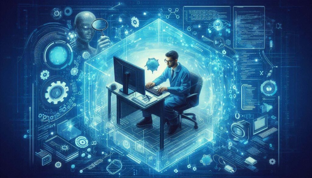 Profissional de tecnologia sentado em frente a um computador, cercado por uma projeção holográfica azul com elementos digitais como gráficos, código, engrenagens e uma figura humanoide transparente segurando uma lupa. A composição futurística ilustra análise de dados e inteligência artificial em ambiente digital.