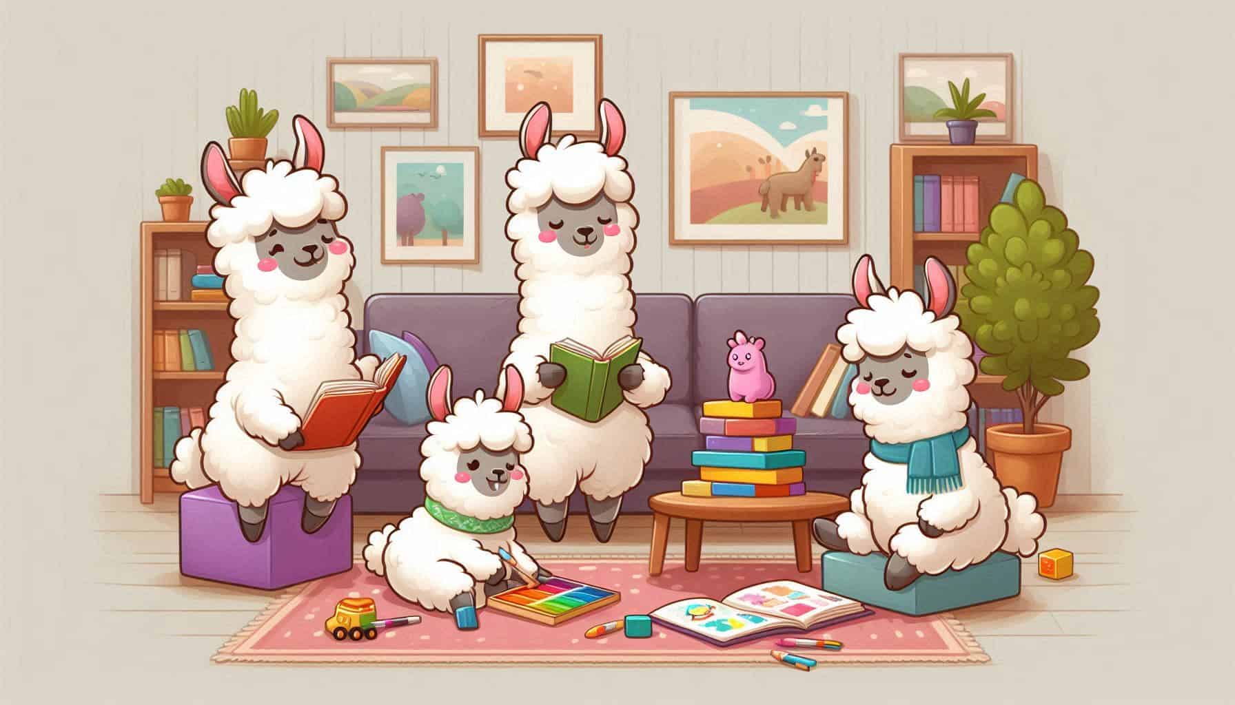 Uma família de lhamas brancas em uma sala de estar. No sofá roxo, dois lhamas adultos leem livros, enquanto no tapete à frente, uma pequena lhama pinta com aquarelas. Outra lhama menor está sentada em um cubo azul com um livro colorido. A sala está decorada com prateleiras de livros, plantas em vasos, e quadros com paisagens nas paredes. Há uma pilha de livros coloridos e brinquedos espalhados no tapete, criando uma atmosfera acolhedora de leitura e aprendizado em família.