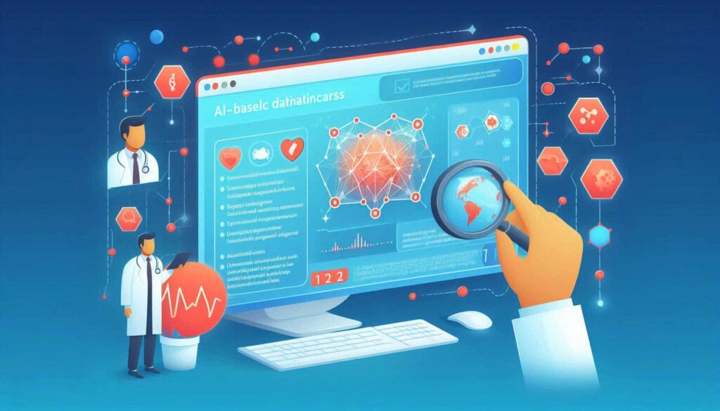 Sistema de análise médica baseado em IA. Uma tela de computador mostra um dashboard com gráficos, redes neurais e um mapa global sob uma lupa. Figuras de profissionais de saúde aparecem ao lado, junto com símbolos médicos e conexões de dados representadas por pontos e linhas em um fundo azul. A interface sugere análise de dados epidemiológicos globais.