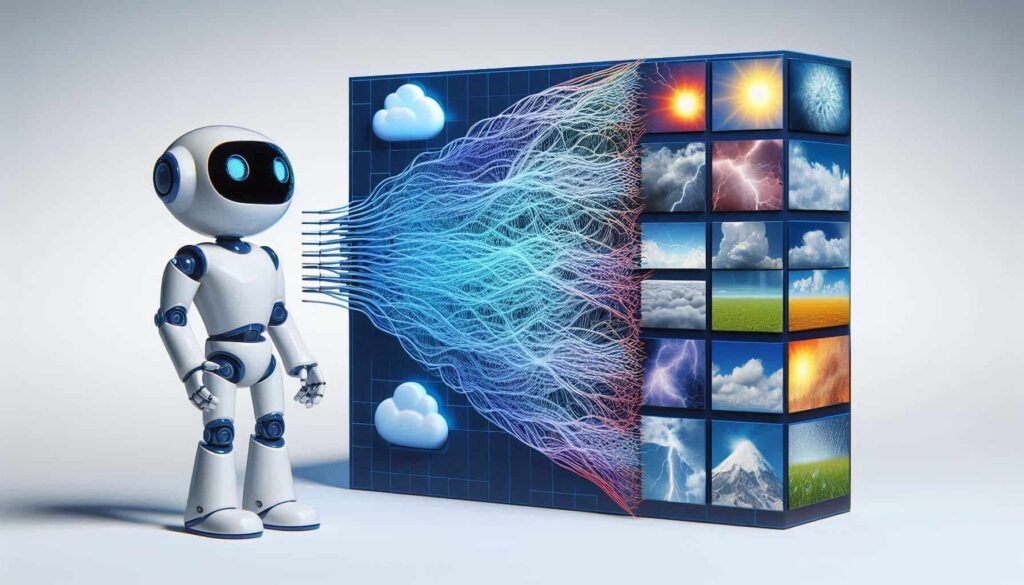 Um pequeno robô branco com detalhes azuis e olhos iluminados, ao lado de um grande cubo de exibição. O cubo mostra uma grade de imagens relacionadas ao clima, incluindo nuvens, relâmpagos, luz solar e paisagens. Conexões coloridas semelhantes a redes neurais fluem do robô para as imagens, representando o processamento de dados de IA ou capacidades de previsão meteorológica.