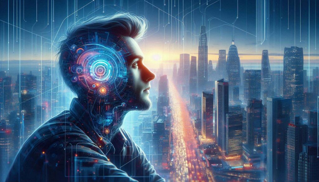 Perfil de uma pessoa com elementos tecnológicos integrados ao corpo, observando uma cidade moderna iluminada ao anoitecer. Circuitos e hologramas azuis brilhantes emanam da cabeça e pescoço da figura, simbolizando a fusão entre humanidade e tecnologia.