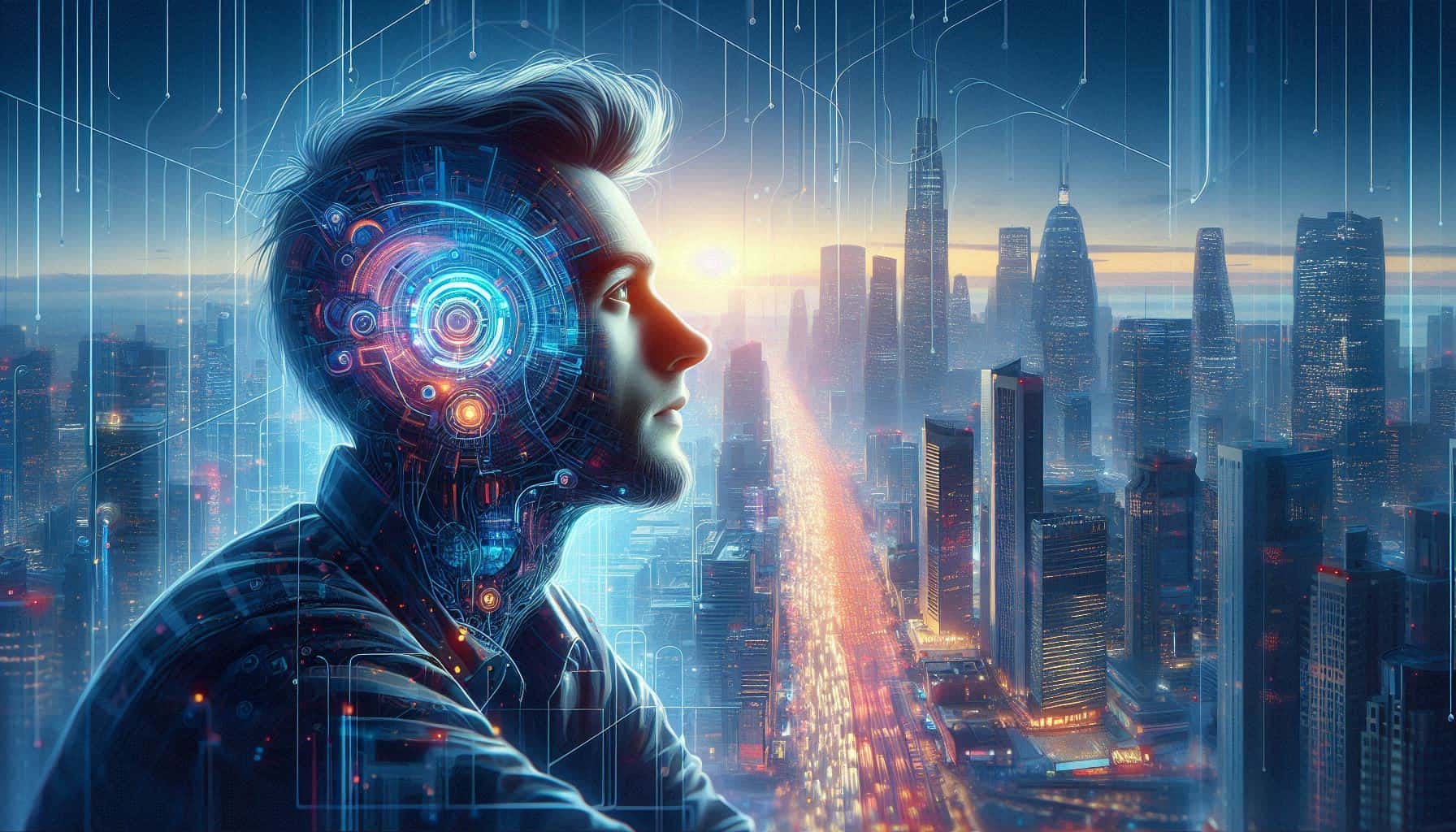 Perfil de uma pessoa com elementos tecnológicos integrados ao corpo, observando uma cidade moderna iluminada ao anoitecer. Circuitos e hologramas azuis brilhantes emanam da cabeça e pescoço da figura, simbolizando a fusão entre humanidade e tecnologia.