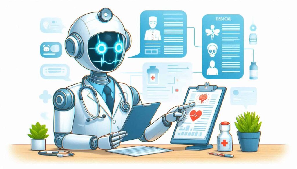 Robô médico humanoide vestindo jaleco branco e estetoscópio, analisando dados de saúde em uma prancheta e tablet. O robô tem uma face digital com olhos azuis brilhantes. Ao redor, aparecem elementos gráficos representando registros médicos, perfis de pacientes, medicamentos e dados de saúde como cérebro e coração com eletrocardiograma. Pequenas plantas decorativas completam o ambiente de consultório médico futurista.