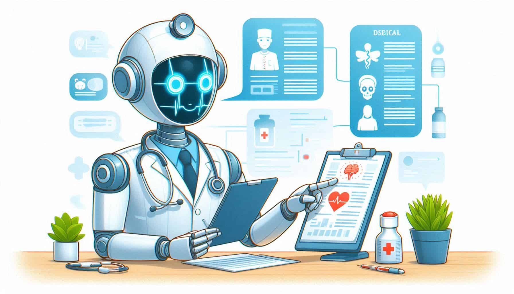 Robô médico humanoide vestindo jaleco branco e estetoscópio, analisando dados de saúde em uma prancheta e tablet. O robô tem uma face digital com olhos azuis brilhantes. Ao redor, aparecem elementos gráficos representando registros médicos, perfis de pacientes, medicamentos e dados de saúde como cérebro e coração com eletrocardiograma. Pequenas plantas decorativas completam o ambiente de consultório médico futurista.