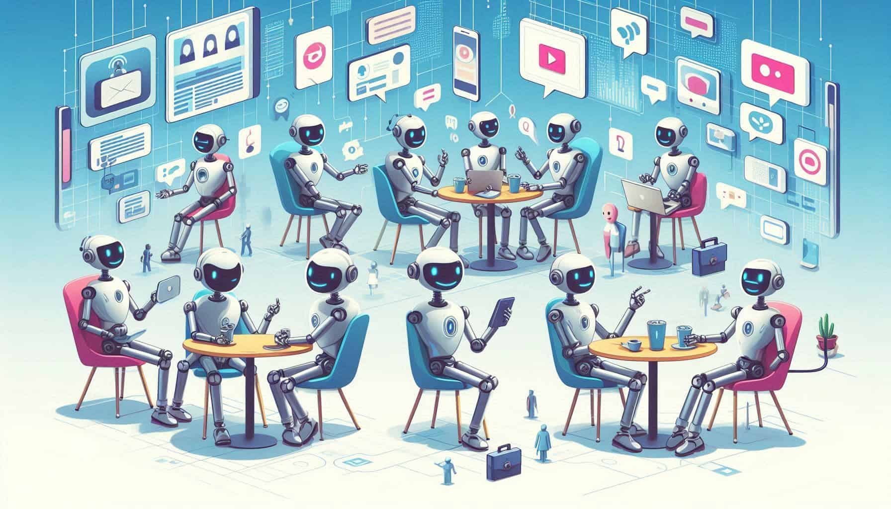 Robôs humanoides sentados em mesas, interagindo e usando tecnologia, com ícones de comunicação digital ao redor.