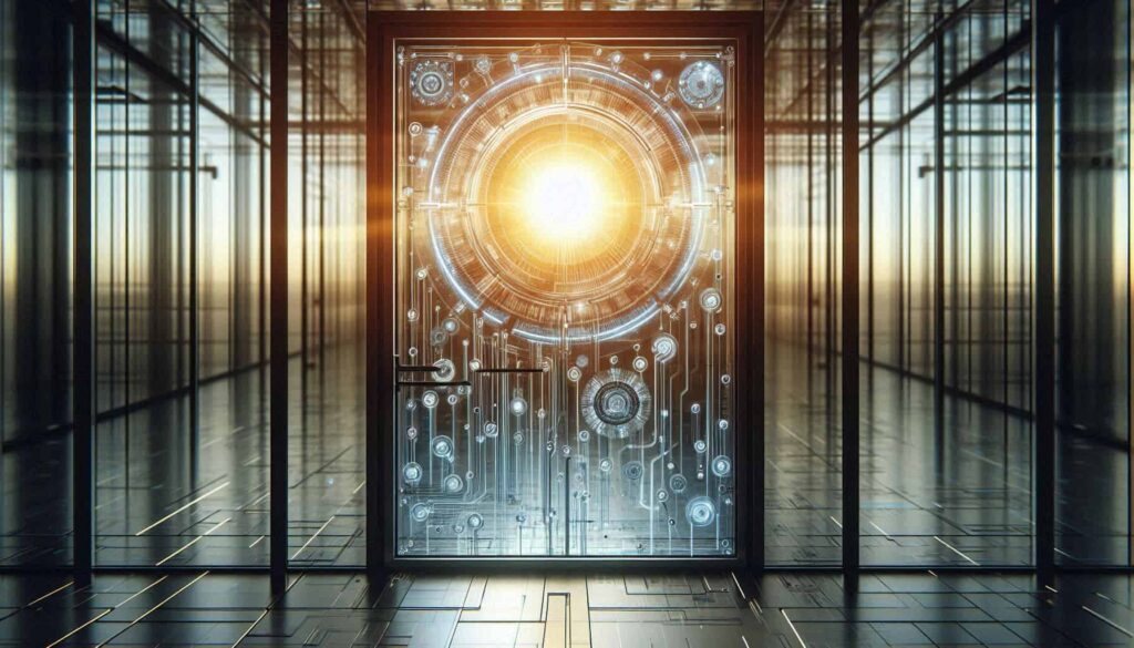 Janela de vidro futurística iluminada pelo sol, cercada por circuitos e elementos tecnológicos, em um corredor envidraçado.