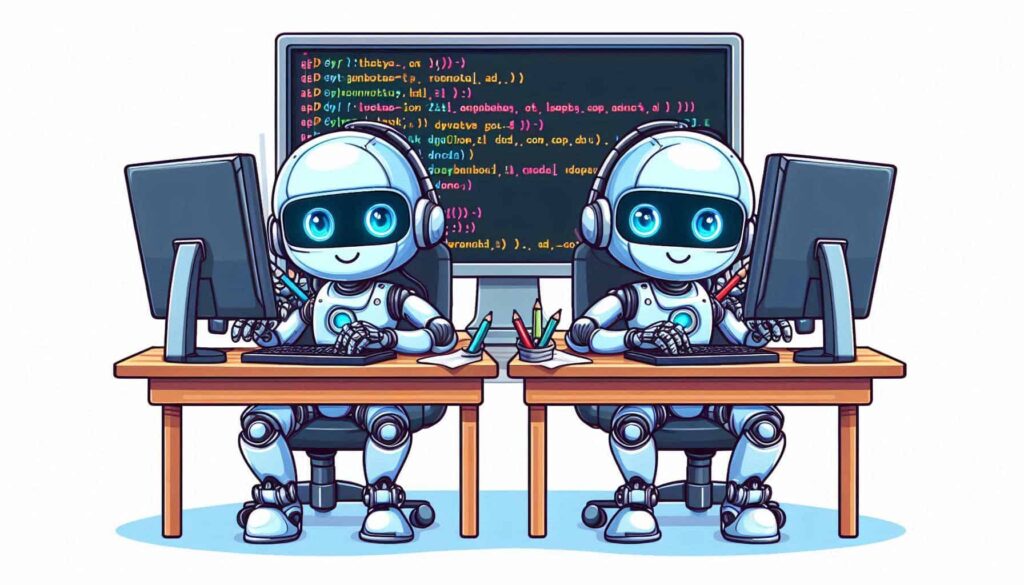 Dois robôs idênticos de desenho animado com olhos azuis brilhantes sentados em cadeiras, trabalhando em computadores com código em um grande monitor ao fundo.