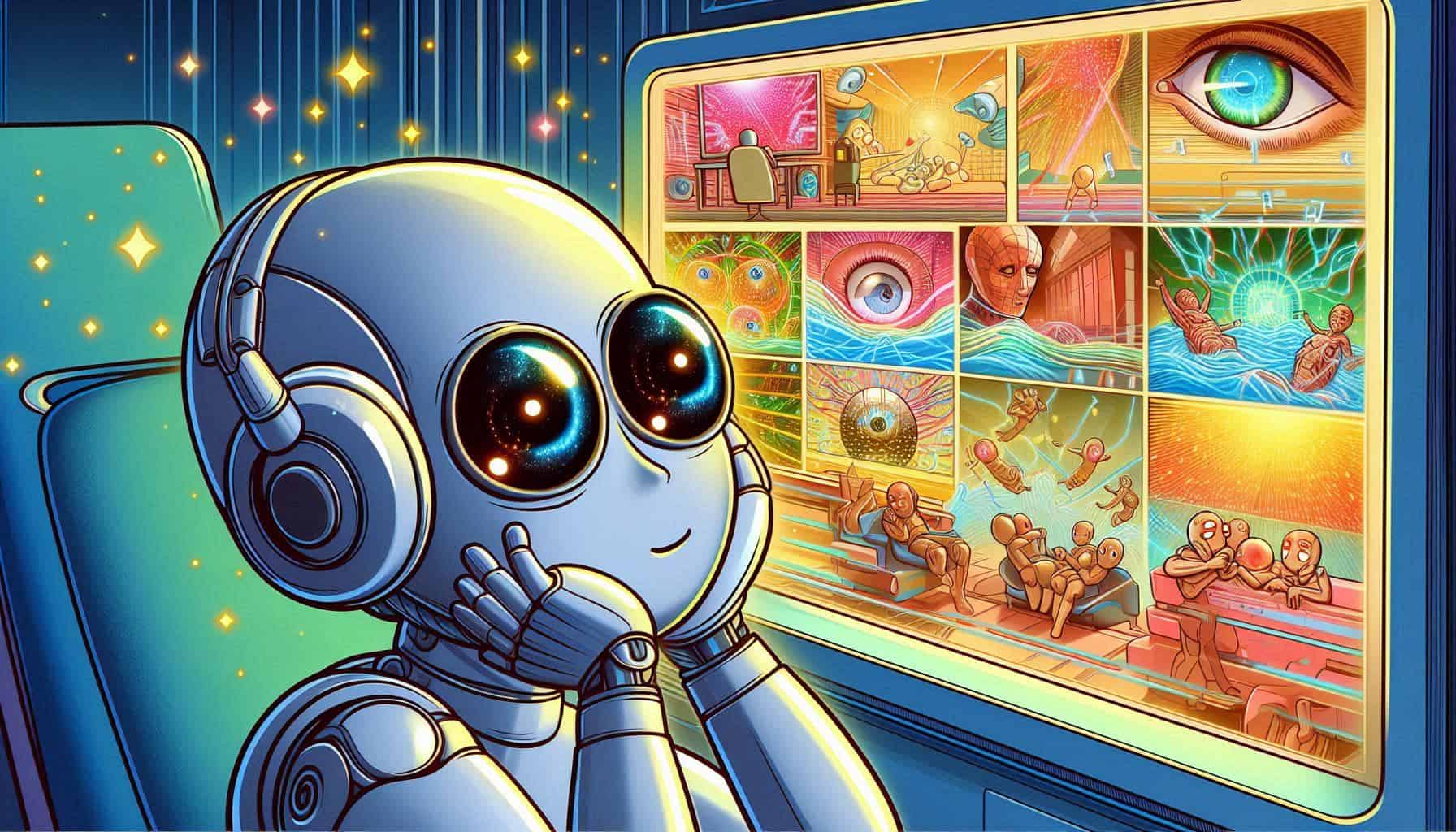 Um robô de olhos grandes e brilhantes, com fones de ouvido, olhando atentamente para uma tela que exibe nove painéis coloridos com diversas cenas abstratas e surreais, incluindo olhos, pessoas e formas geométricas, em um ambiente futurista.