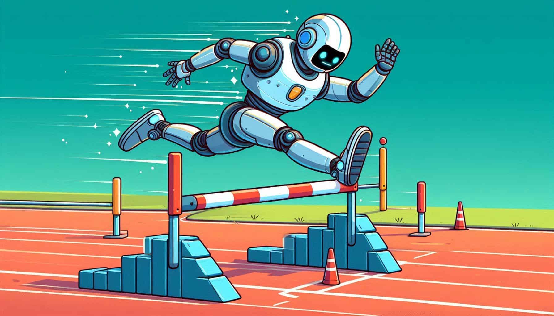 Robô branco e cinza, com detalhes azuis, salta sobre uma barreira de corrida em uma pista atlética. O estilo da imagem é cartoon.