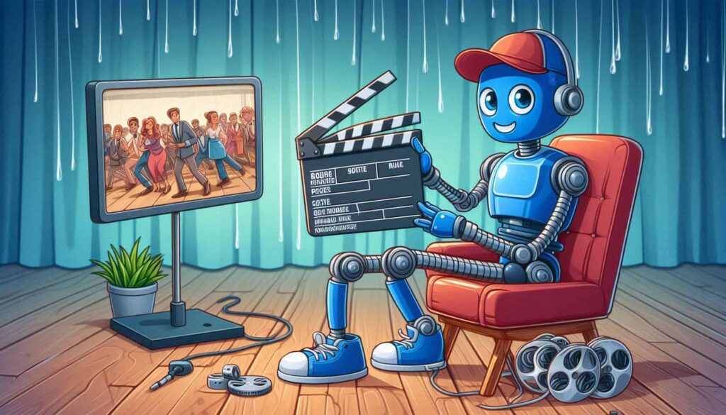 Um robô azul sentado em uma cadeira vermelha segura um clapperboard. À esquerda, um monitor exibe pessoas, enquanto bobinas de filme estão à direita no chão de madeira.